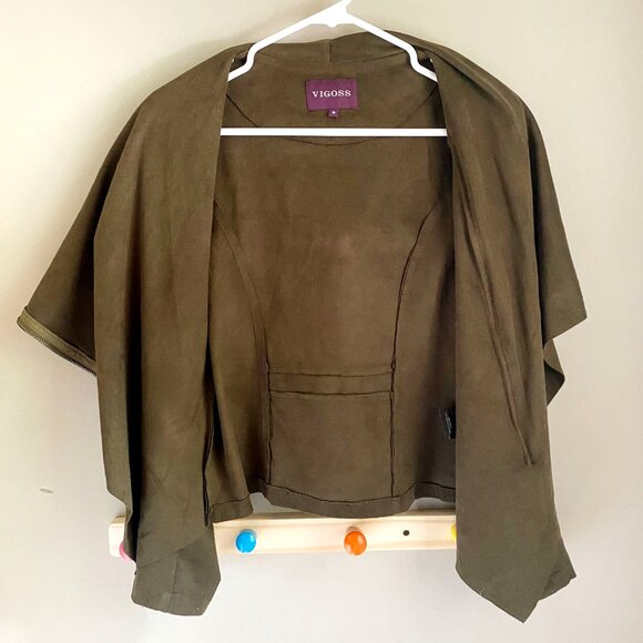 Vigoss Faux Suede Waterfall Zip Moto Jacket in Olive Green - Picture 4 of 8